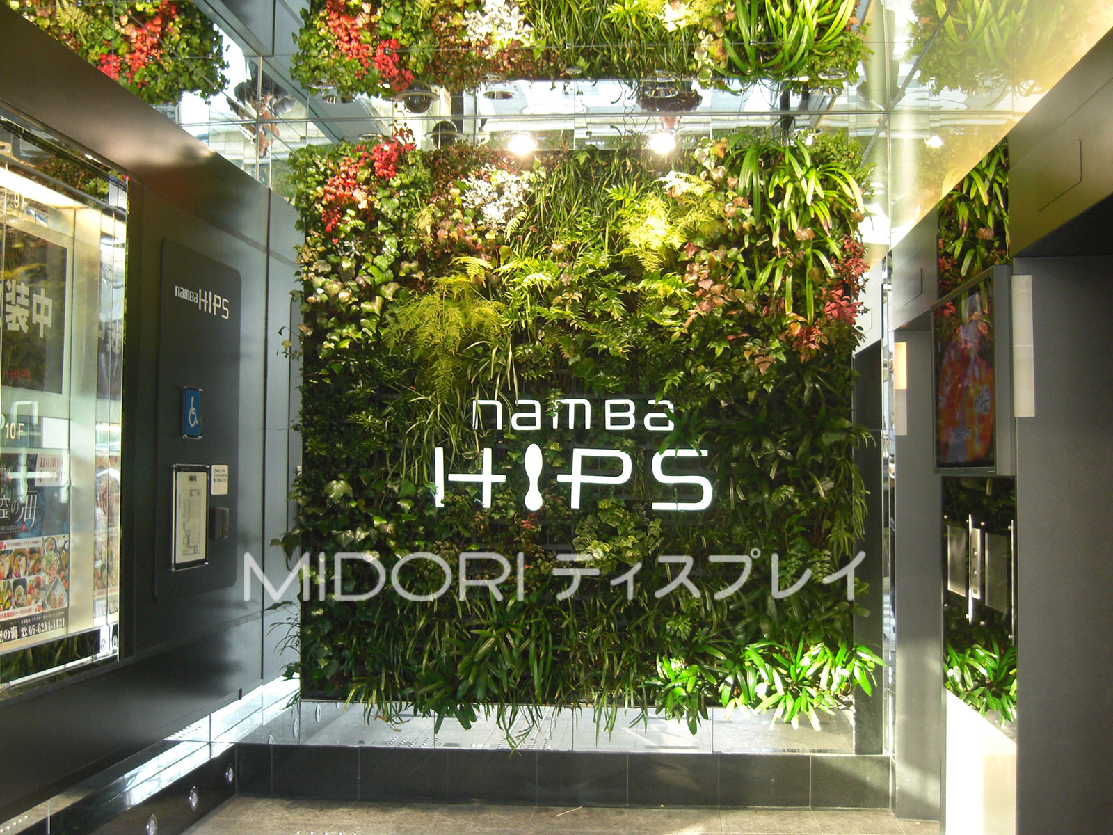 エレベーターホールに設置されたサインを組み込んだ壁面緑化