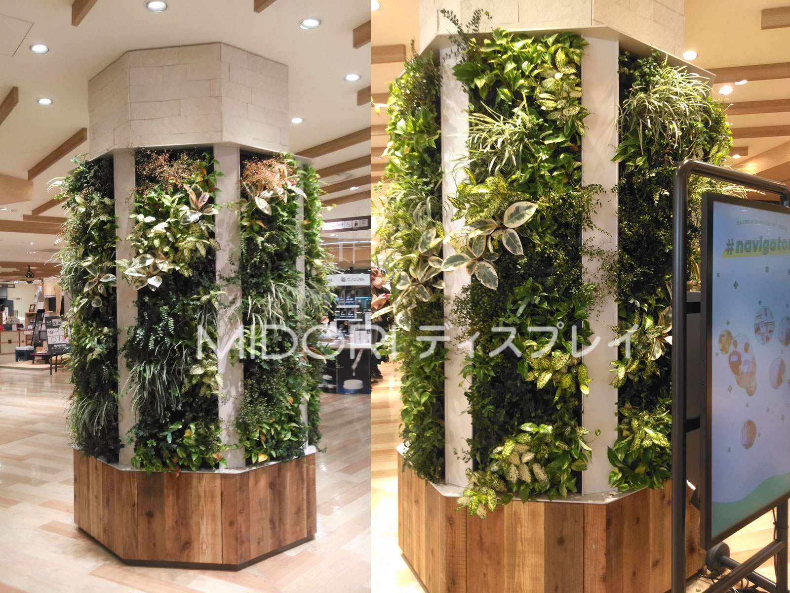 百貨店のフロアを彩る柱巻きの壁面緑化